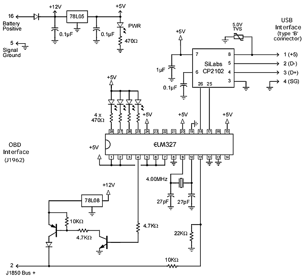 OBD II to USB cable pinout diagram @
