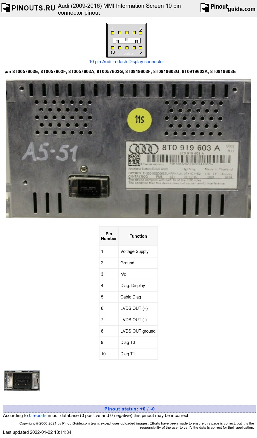 Audi (2009-2016) MMI Information Screen 10 pin connector diagram