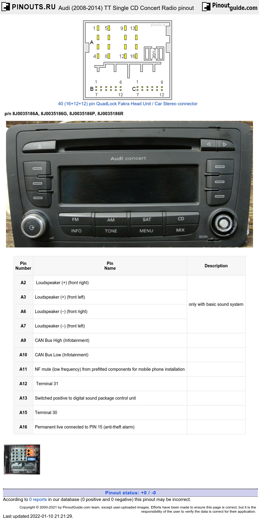 Audi (2008-2014) TT Single CD Concert Radio diagram