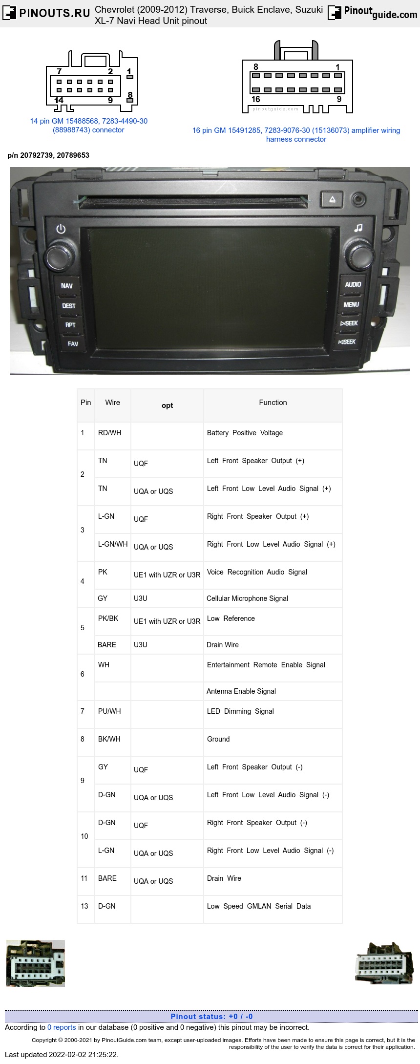 Chevrolet (2009-2012) Traverse, Buick Enclave, Suzuki XL-7 Navi Head Unit diagram
