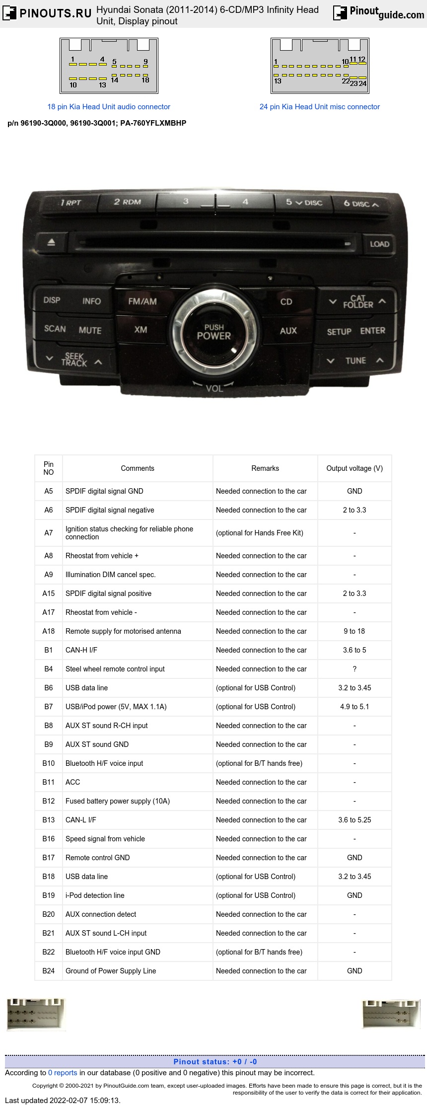 Hyundai Sonata (2011-2014) 6-CD/MP3 Infinity Head Unit diagram