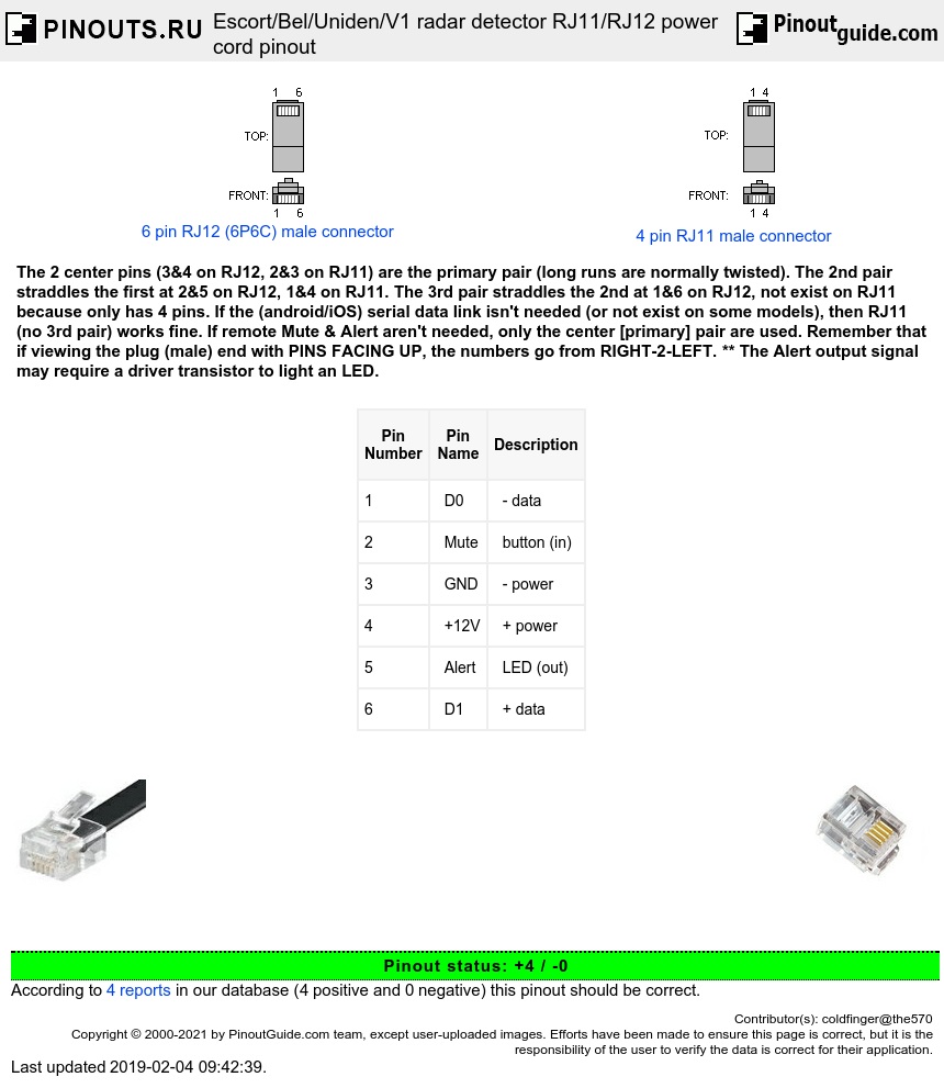 Escort/Bel/Uniden/V1 radar detector RJ11/RJ12 power cord diagram