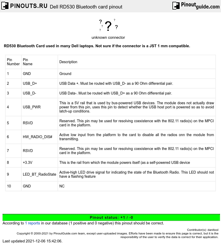 Dell Rd530 Bluetooth Card Pinout Diagram   Pinoutguide Com