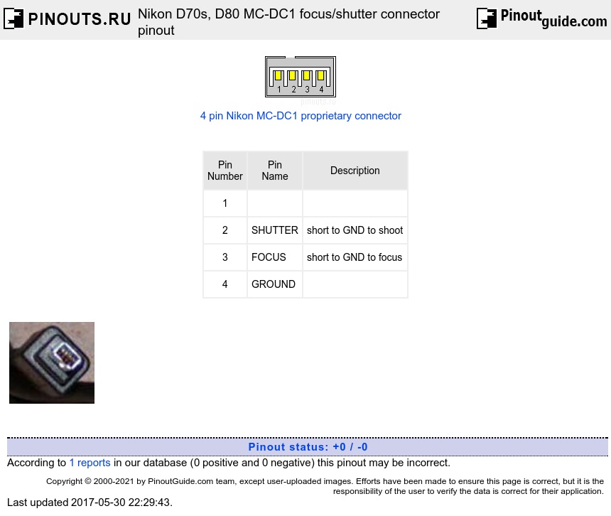 Nikon D70s, D80 MC-DC1 focus/shutter connector diagram