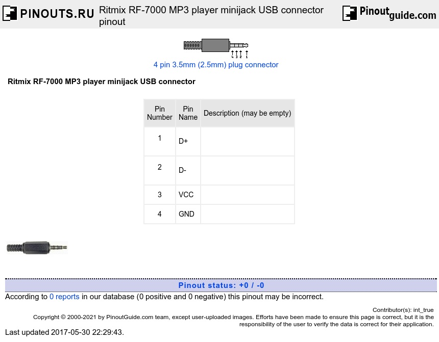 Ritmix RF-7000 MP3 player minijack USB connector diagram