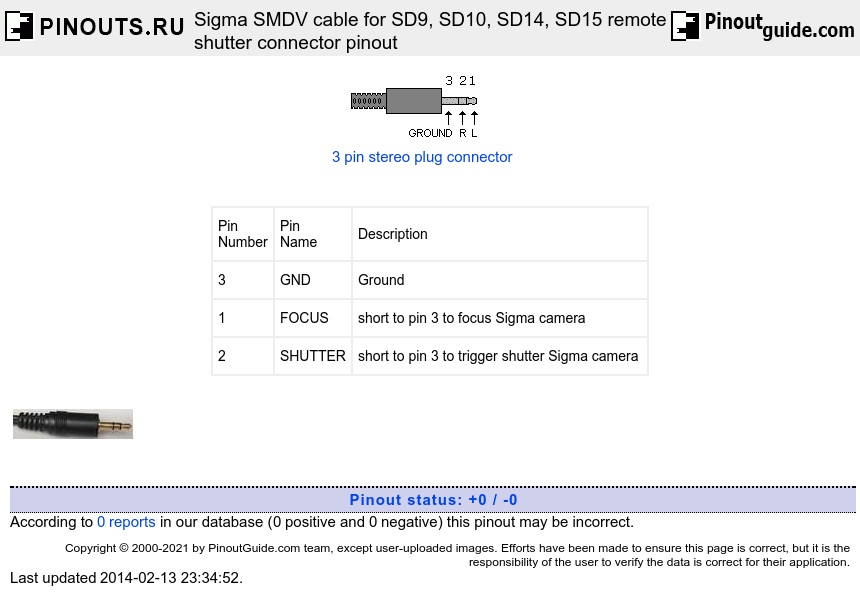 Sigma SMDV cable for SD9, SD10, SD14, SD15 remote shutter connector diagram