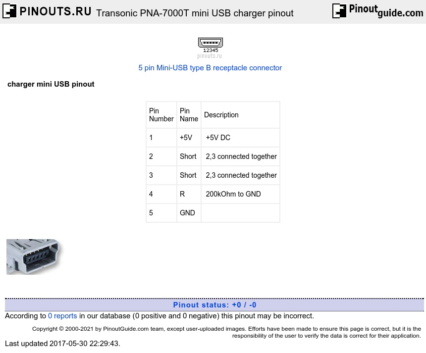 Transonic PNA-7000T mini USB charger  diagram